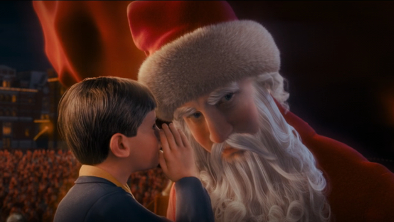 Hero Boy le susurra al oído a Santa en el Polo Norte en The Polar Express.