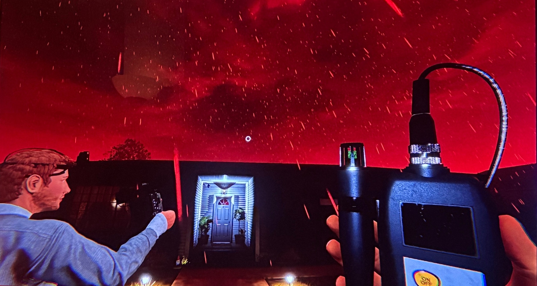 A screenshot of my game, depicting a red blood moon sky above 6 Tanglewood Drive with two players preparing to go in.