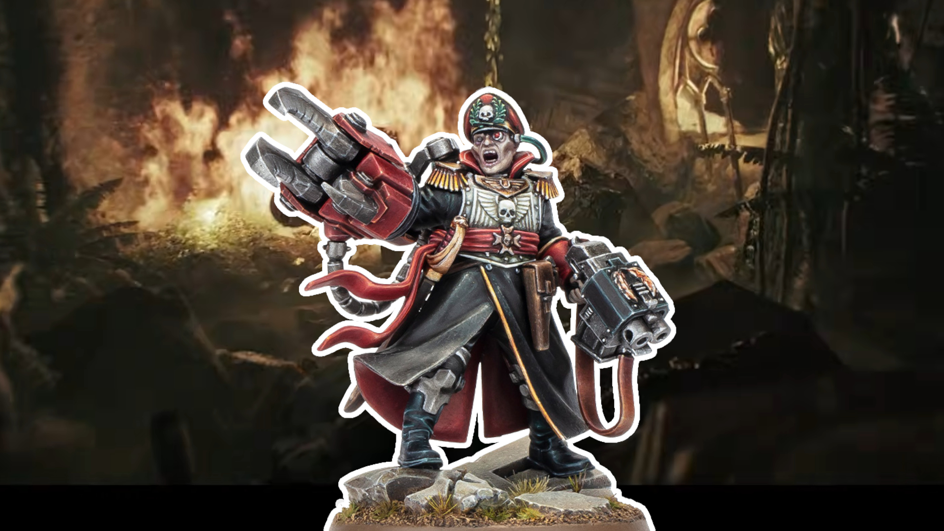 Commisar Yarrick with a massive clawed hand against a flaming background