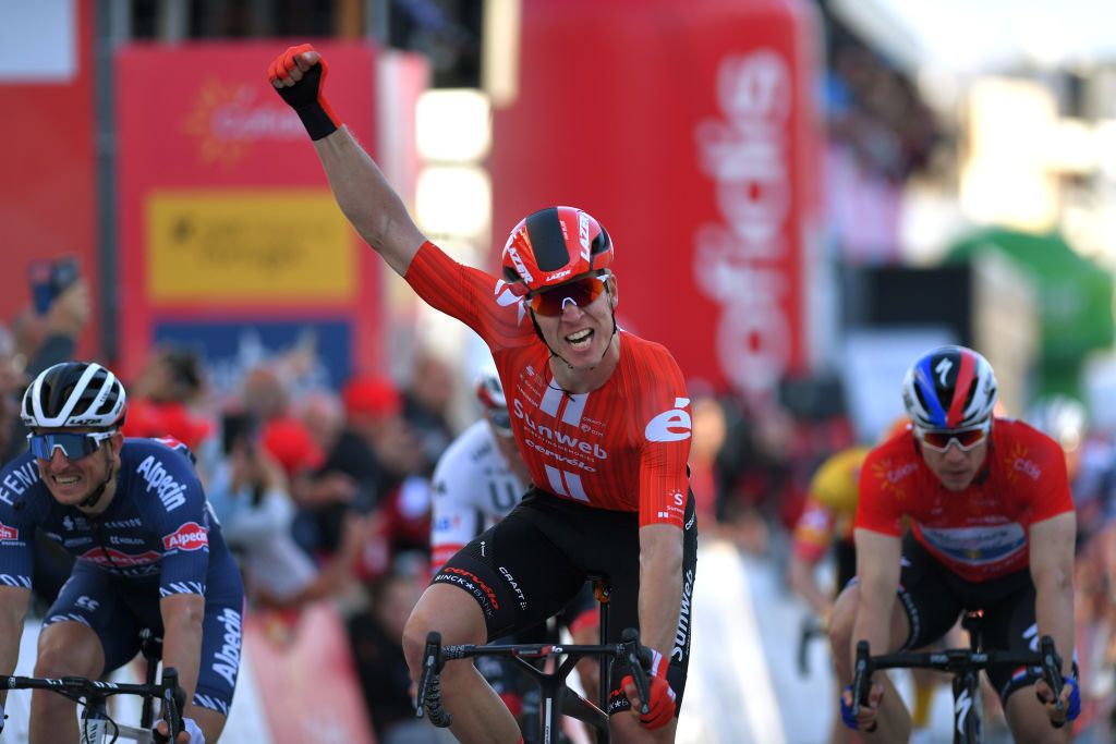 TAVIRA PORTUGAL FEBRUARY 21 Arrival Cees Bol of The Netherlands and Team Sunweb Celebration Fabio Jakobsen of The Netherlands and Team Deceuninck Quick Step Red Points Jersey during the 46th Volta ao Algarve 2020 Stage 3 a 2019Km stage from Faro to Tavira VAlgarve2020 on February 21 2020 in Tavira Portugal Photo by Tim de WaeleGetty Images