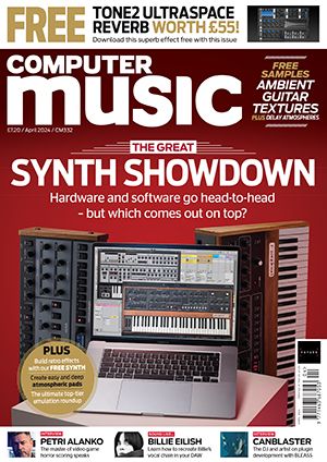 the cover of Computer Music's April issue with the headline Synth Showdown and examples of softsynth interfaces alongside hardware synths