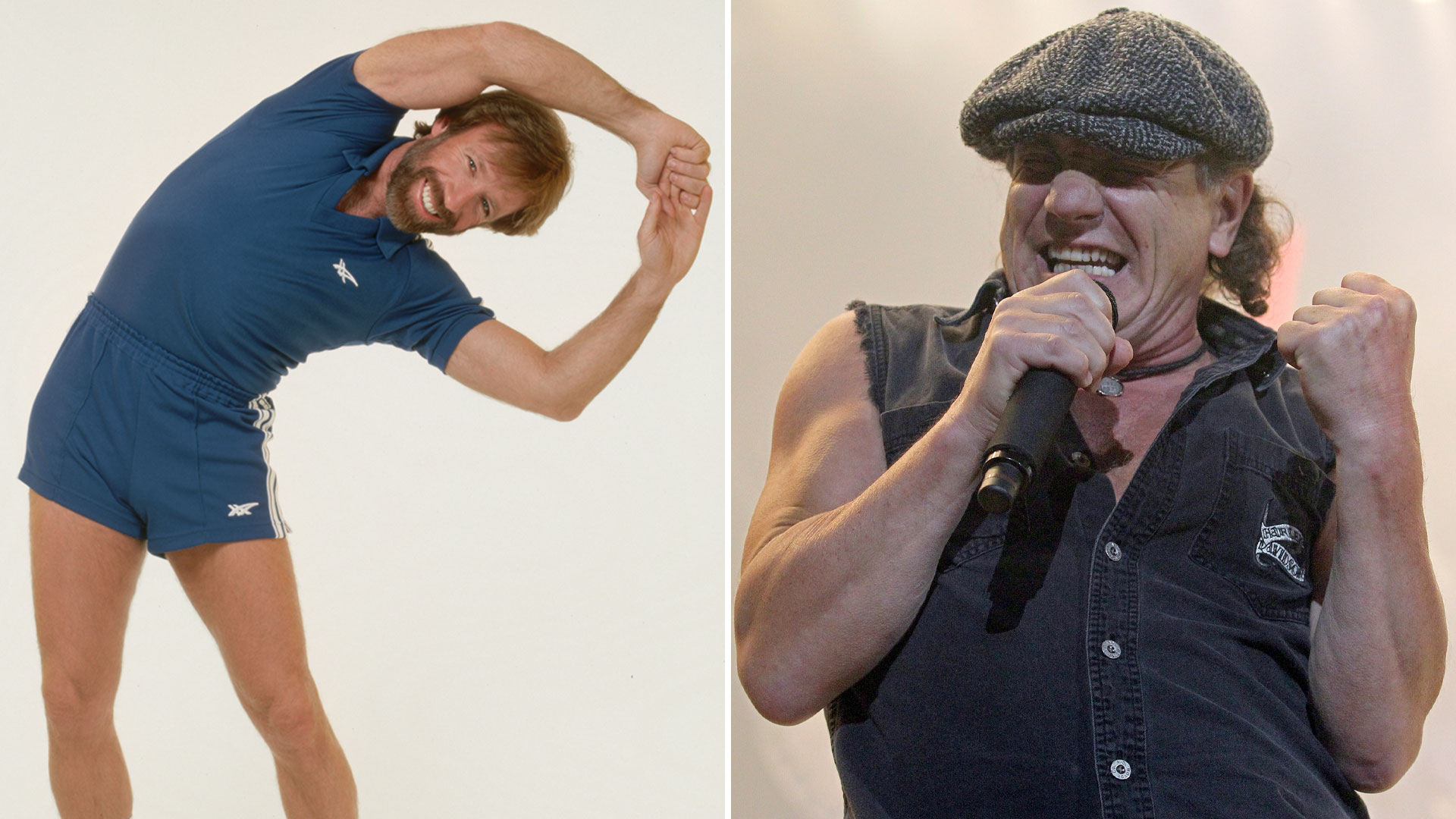 Chuck Norris stretching in a sports kit and Brian Johnson performing with AC/DC in Brisbane