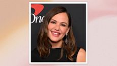 Portrait of Jennifer Garner smiling with a brunette side-part bob and wearing a black dress with a pink watercolour background