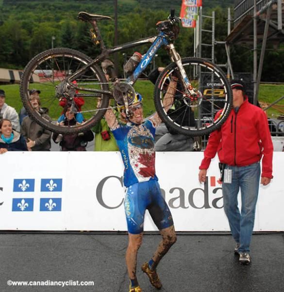 Catharine Pendrel celebrates her victory.