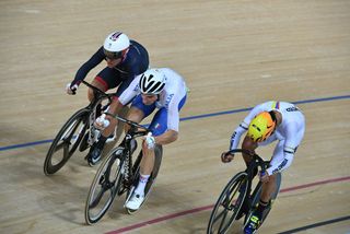Mark Cavendish (left), Elia Viviani (centre) and Fernando Gaviria contest an intermediate sprint in the omnium at the 2016 Olympic Games (Watson)