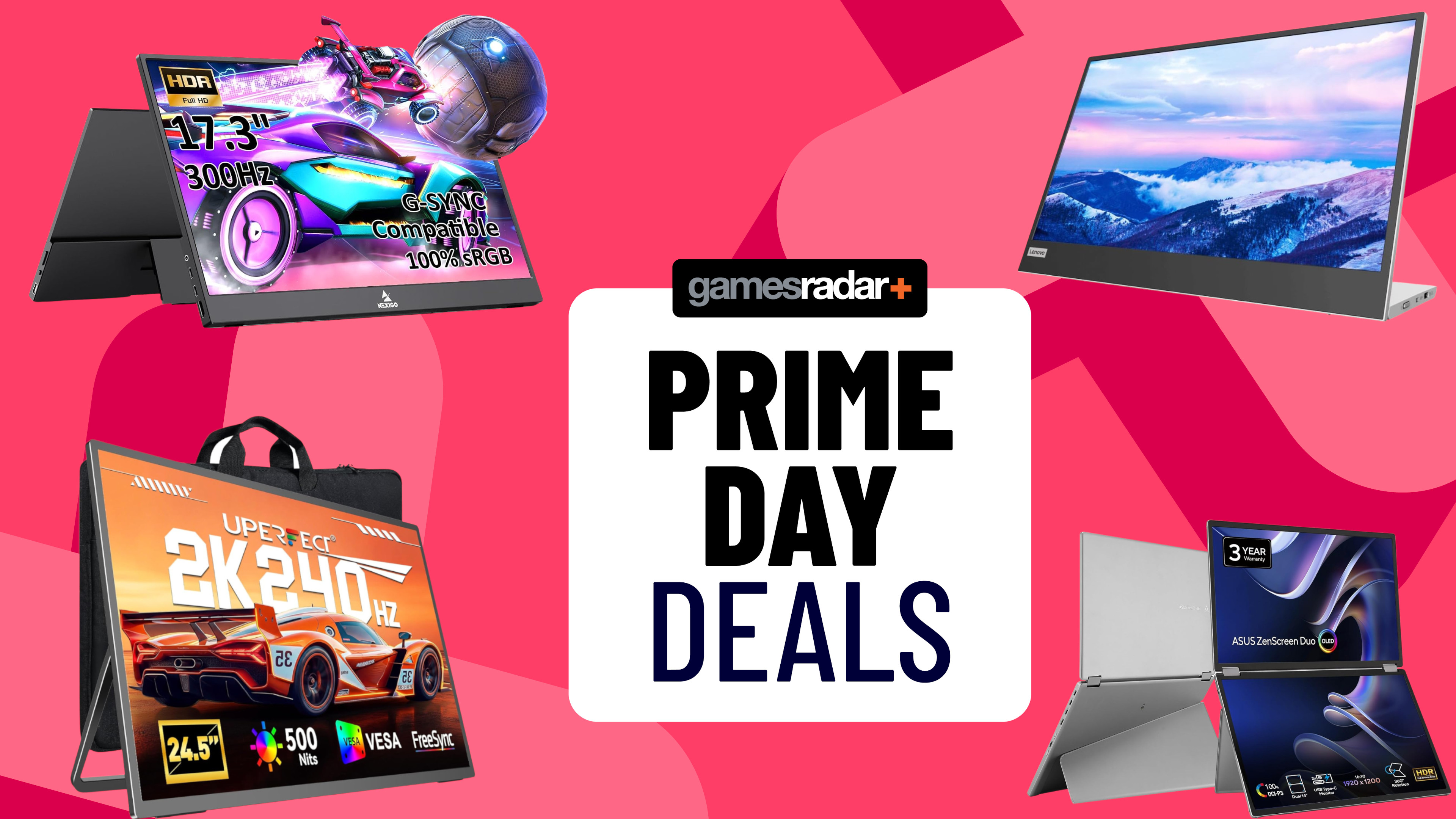 Four images of portable monitors currently on sale at Amazon's Store page for Prime Day 2026