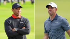 (left) Tiger Woods stands with his arms crossed in a black Sun Day Red jumper while Rory McIlroy looks on (right)