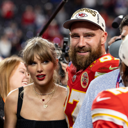 Travis Kelce #87 of the Kansas City Chiefs and Taylor Swift react as they see Mecole Hardman Jr. #12 of the Kansas City Chiefs following the NFL Super Bowl 58 football game between the San Francisco 49ers and the Kansas City Chiefs at Allegiant Stadium on February 11, 2024 in Las Vegas, Nevada