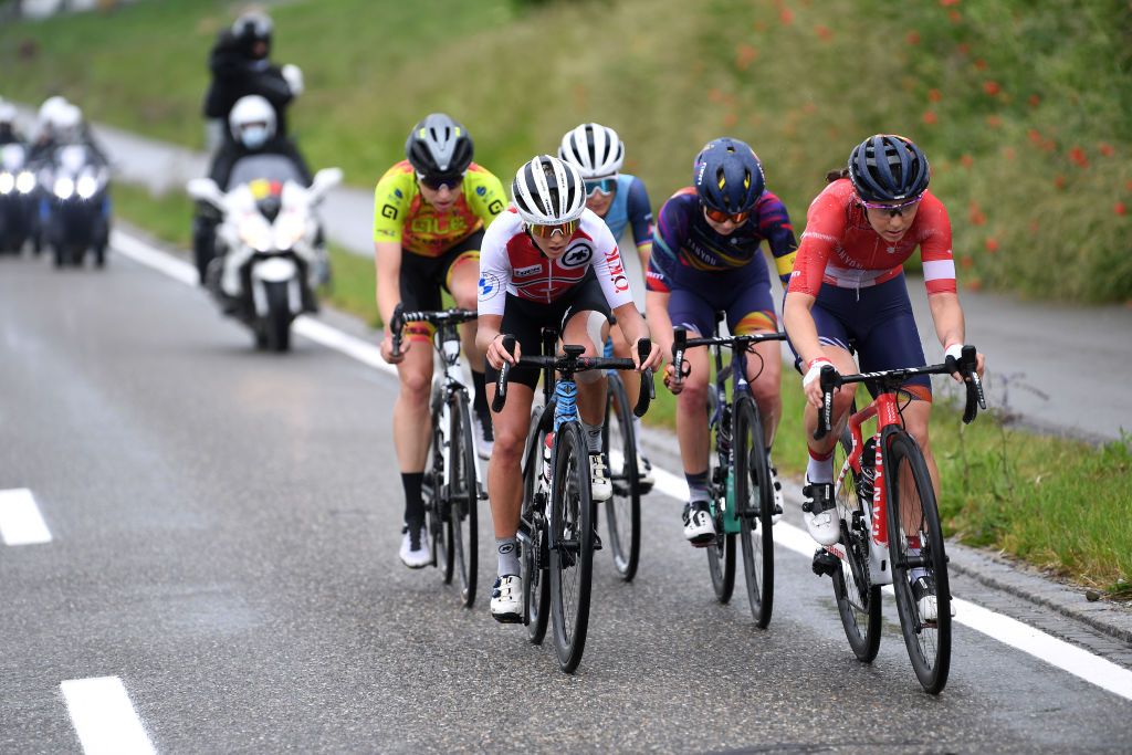 FRAUENFELD SWITZERLAND JUNE 05 Jolanda Neff of Switzerland and Team Switzerland Elise Chabbey of Switzerland and Team Canyon SRAM Racing in the Breakaway during the 1st Tour de Suisse Women 2021 Stage 1 a 1143km stage from Frauenfeld to Frauenfeld tourdesuisse tds tdswomen on June 05 2021 in Frauenfeld Switzerland Photo by Tim de WaeleGetty Images