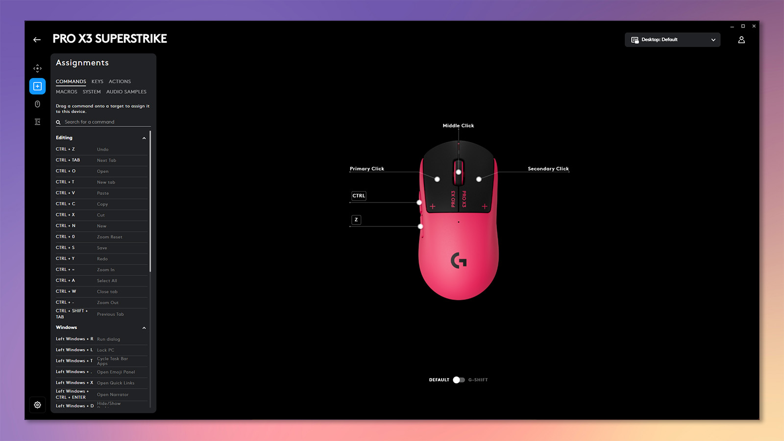 The Logitech G Hub software being used to customize the Pro X3 SuperStrike