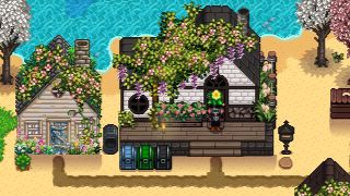 Stardew Valley Mods - Flower Valley - Een speler staat buiten een boerderij die opnieuw is ontworpen om bedekt te zijn met bloemen