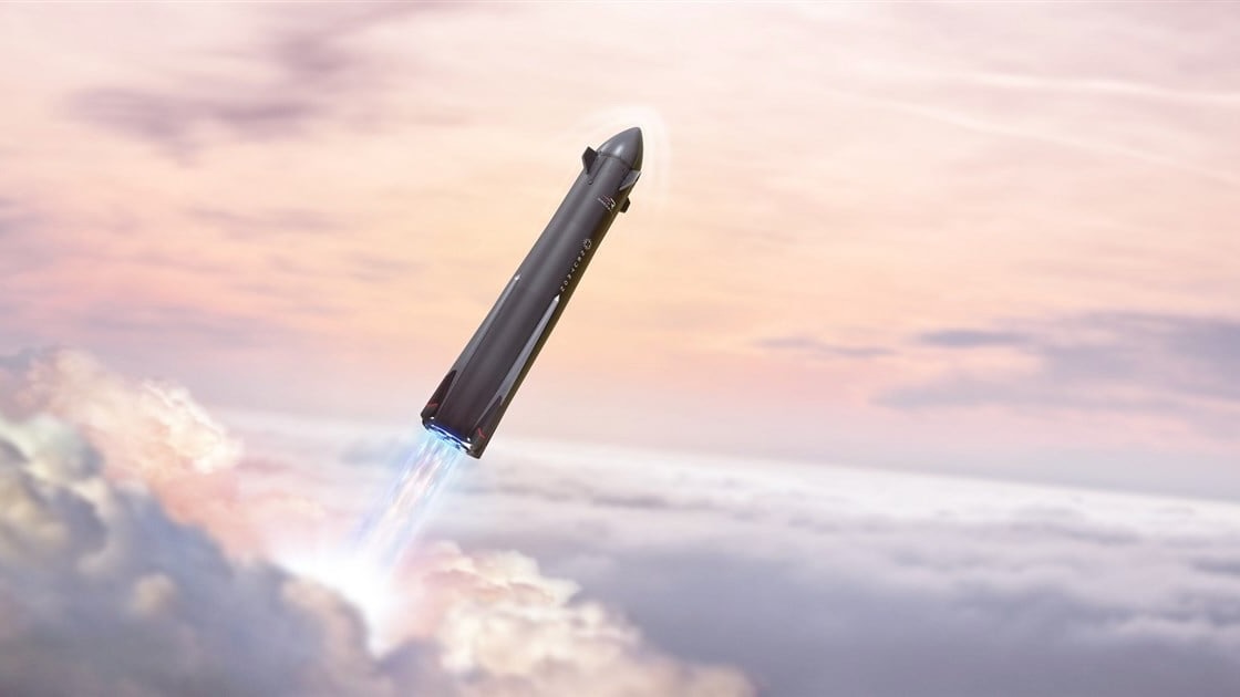 Illustration of a black rocket flying above Earth's clouds