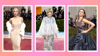Met Gala 2023: Kim Kardashian, Anna Wintour and Kendall Jenner pictured at the Met Gala 2022 in a three-picture pink and orange template