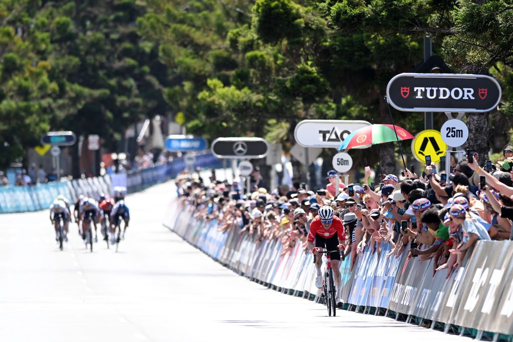 GEELONG AUSTRALIA FEBRUARY 02 Mauro Schmid of Switzerland and Team Jayco AlUla sprints at finish line to win during the 9th Cadel Evans Great Ocean Road Race 2025 Mens Elite a 1838km one day race from Geelong to Geelong UCIWT on February 02 2025 in Geelong Australia Photo by Dario BelingheriGetty Images