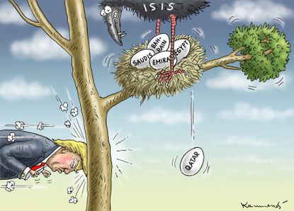 Political cartoon World Trump Qatar diplomacy Arab allies ISIS