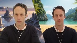 Jeff Parsons on a Google Meet call with some AI backgrounds