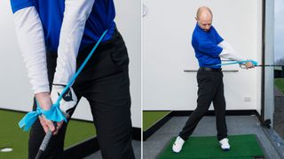 PGA pro Ged Walters hitting a shot with a resistance band around his body