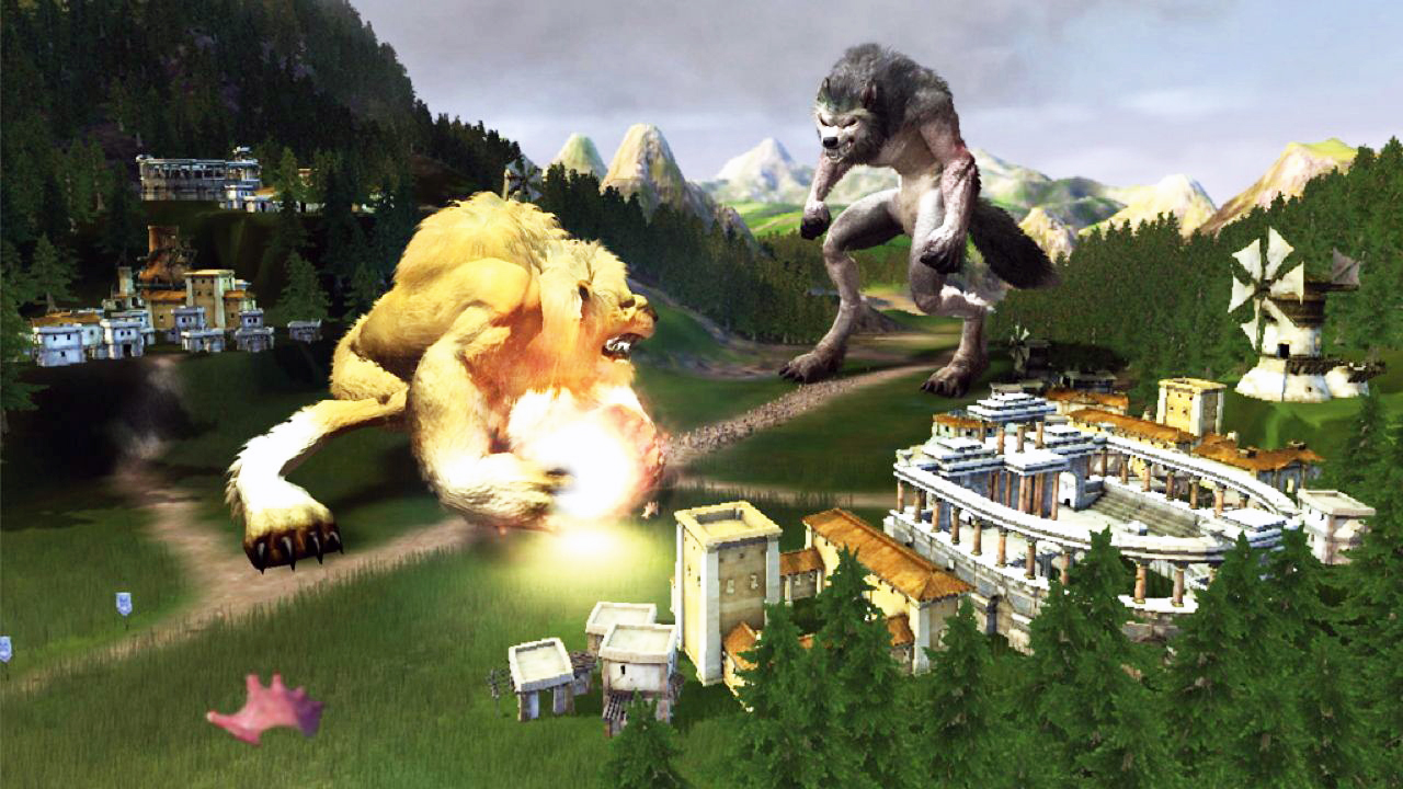 Black &amp; White 2 god game screenshot showing giant creatures fighting over a village