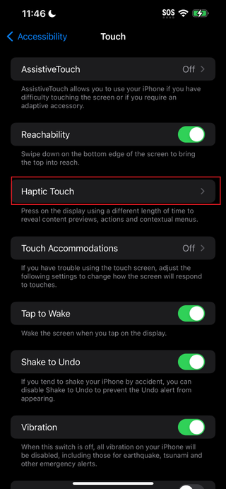 Haptic touch option in iOS