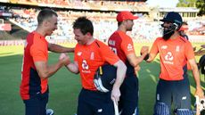Eoin Morgan and the England players celebrate their T20 series victory against South Africa 