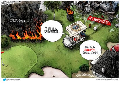 Editorial cartoon U.S. California fire Milwaukee Louisiana Barack Obama