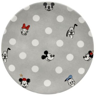 grey plate with mickey mouse prints and white dots