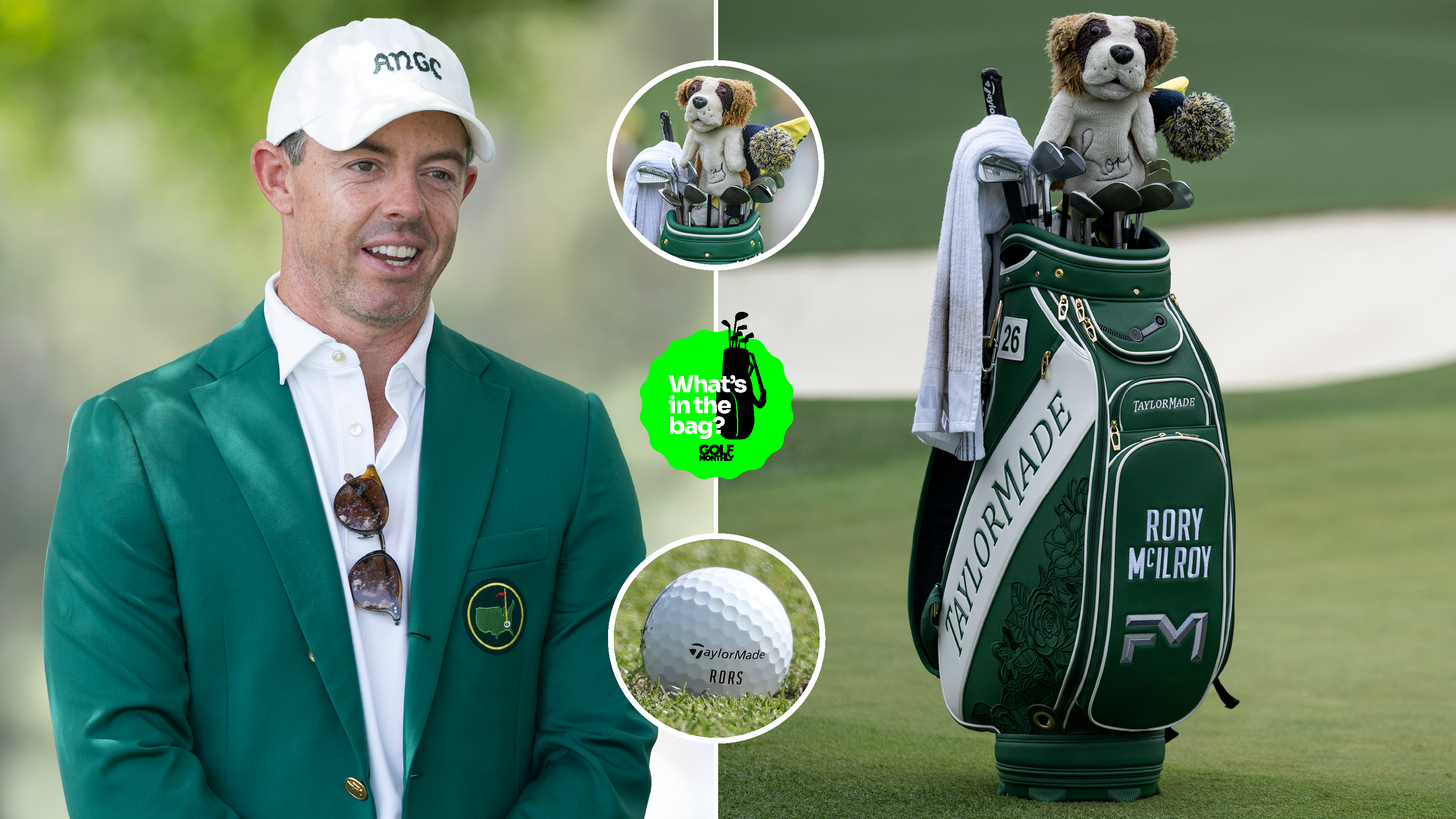 Rory McIlroy stands wearing a Green Jacket, with a close up of his golf bag