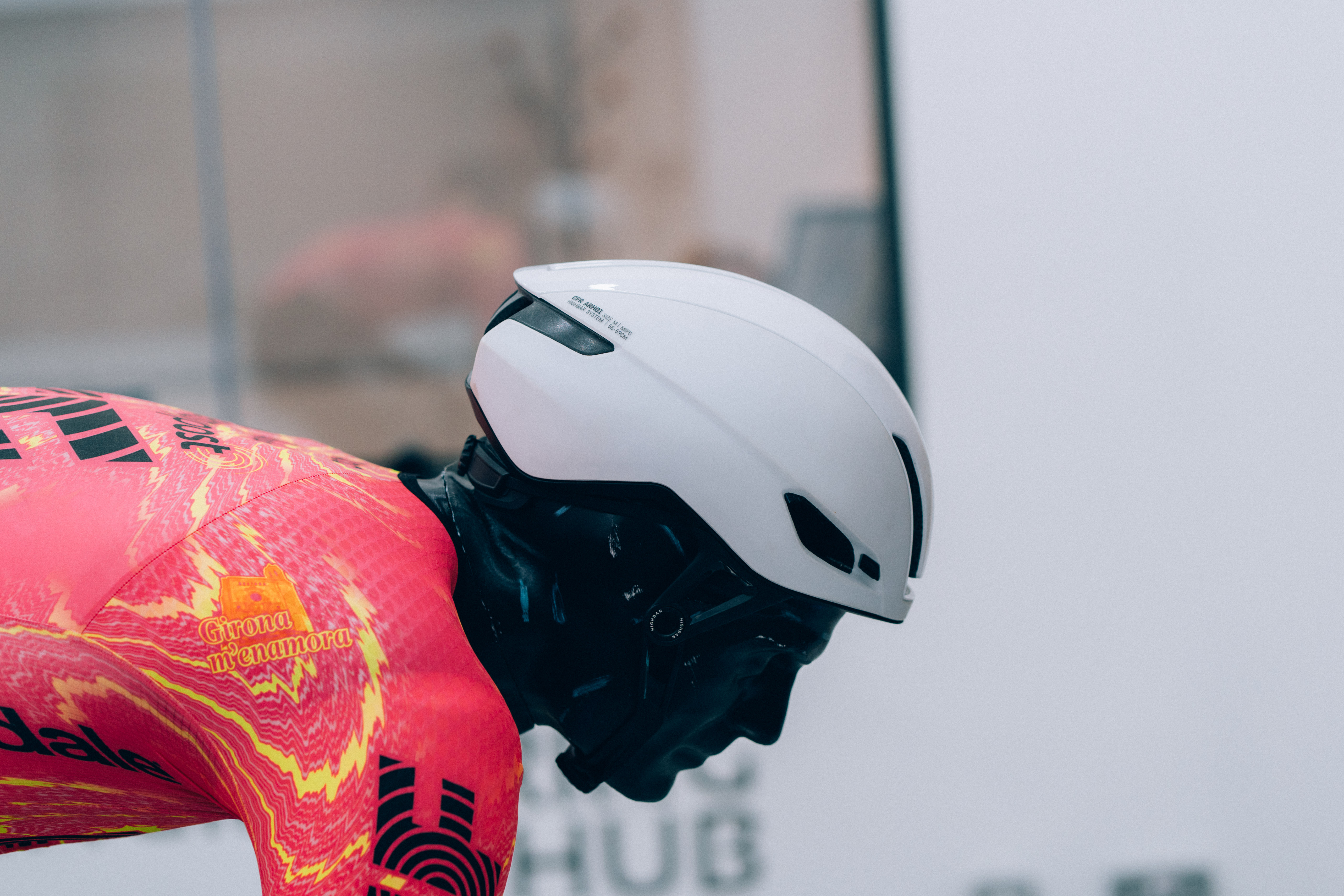 A close up of helmets being tested in the wind tunnel