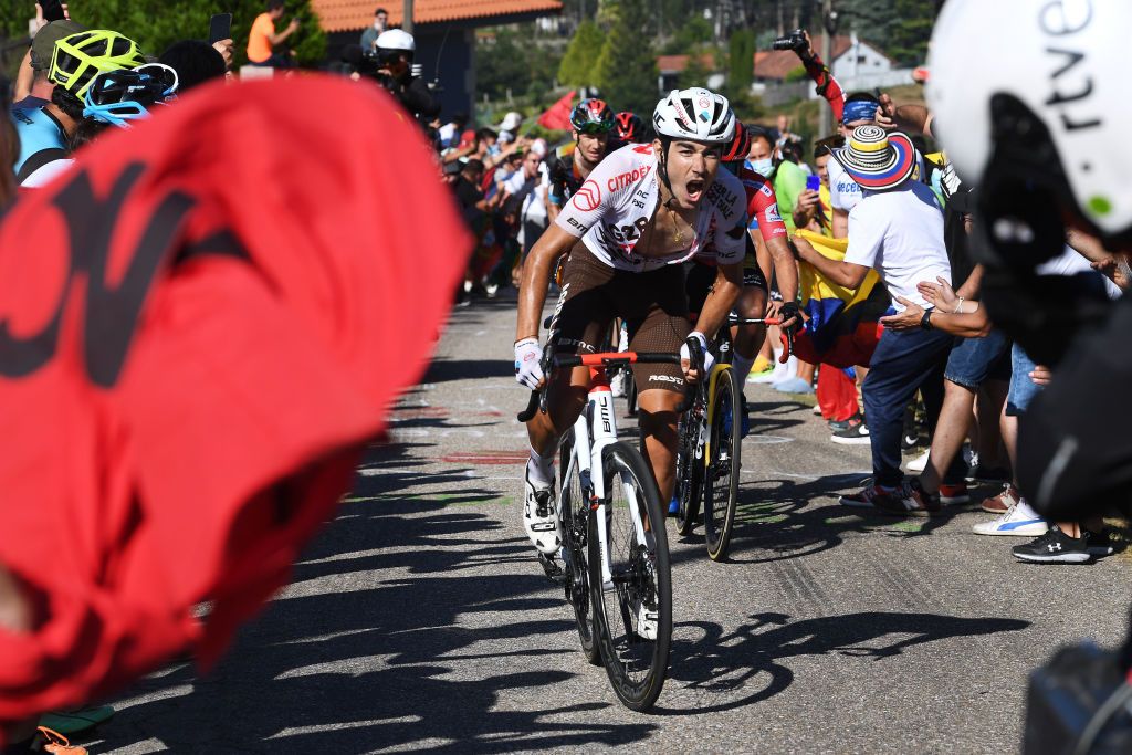 MOS SPAIN SEPTEMBER 04 Clment Champoussin of France and AG2R Citren Team attacks in the breakaway during the 76th Tour of Spain 2021 Stage 20 a 2022km km stage from Sanxenxo to Mos Alto Castro de Herville 502m lavuelta LaVuelta21 on September 04 2021 in Mos Spain Photo by Tim de WaeleGetty Images