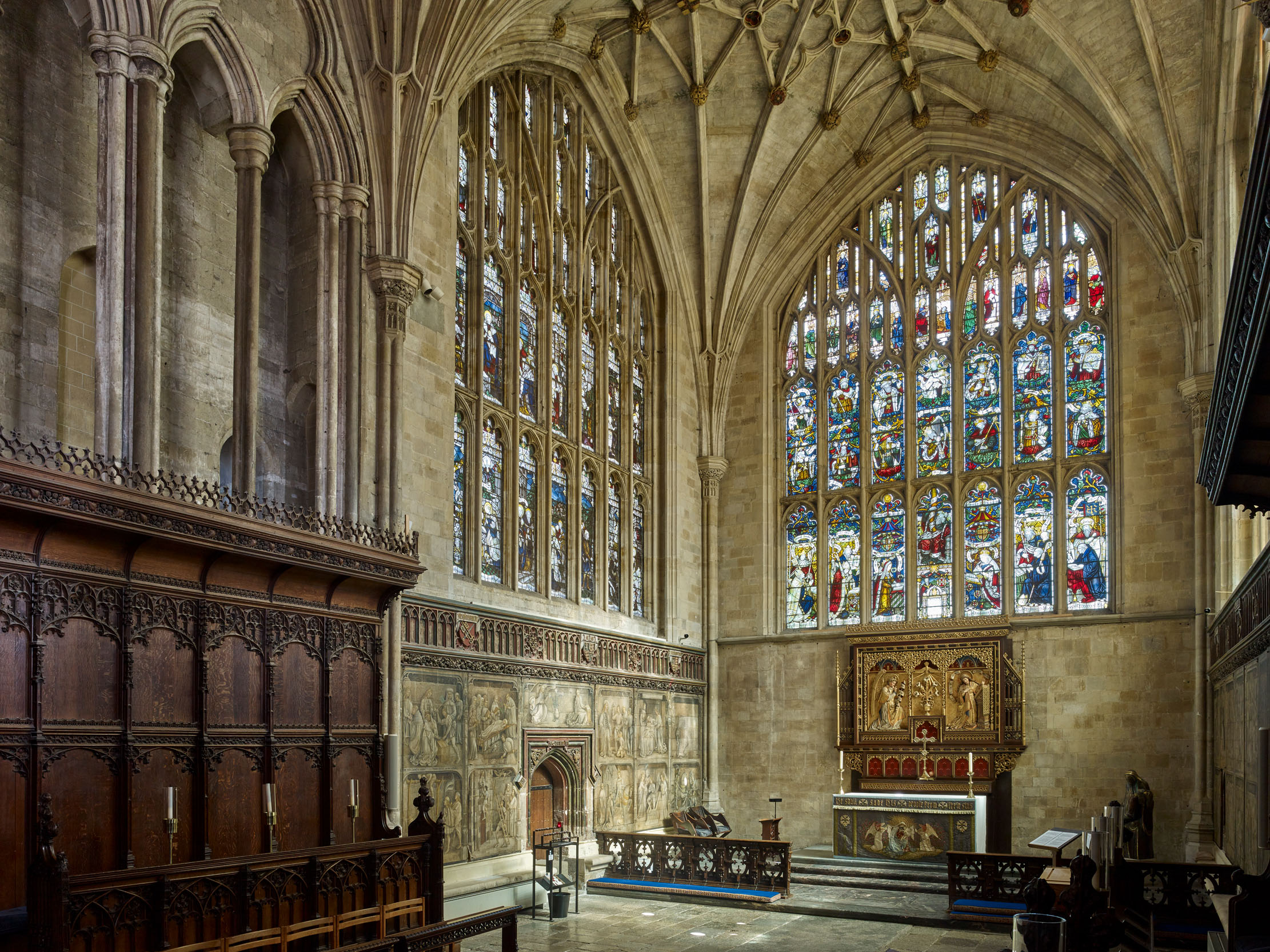 Lady Chapel at Winchester Cathedral:The Lady Chapel was extended in the late 15th century, furnished with stalls and decorated with painted miracle narratives.