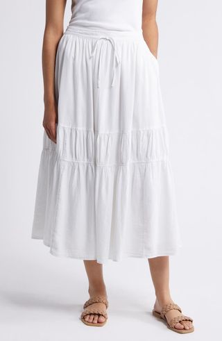 Tiered linen-blend midi skirt