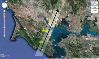 Projected band (light area) where meteorites of different size may have fallen over Marin and Sonoma counties from an Oct. 17, 2012 meteor.