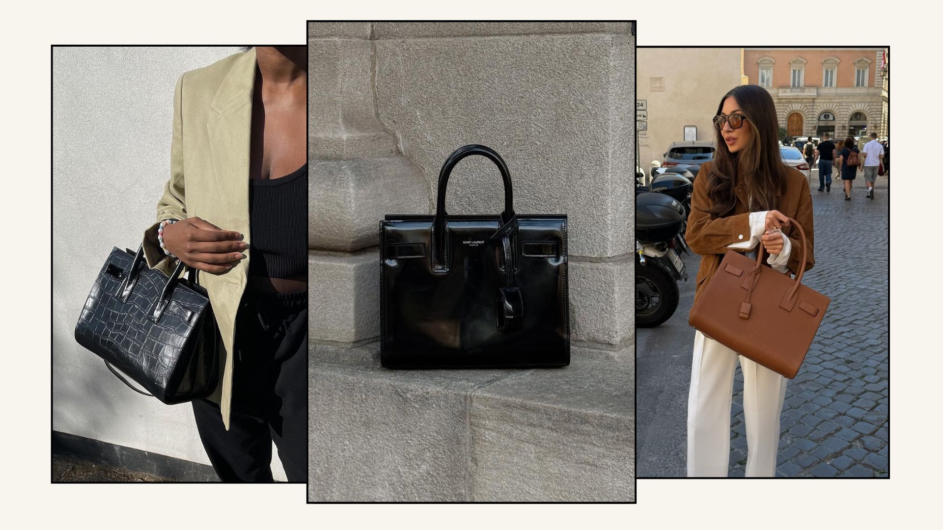Woman wears green blazer, carries black handbag; black handbag sitting on ledge; woman wears trench coat and white blouse carrying brown handbag