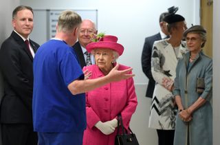 Queen Elizabeth II and the Duchess of Gloucester (right) during a visit to Royal Papworth Hospital on July 9, 2019