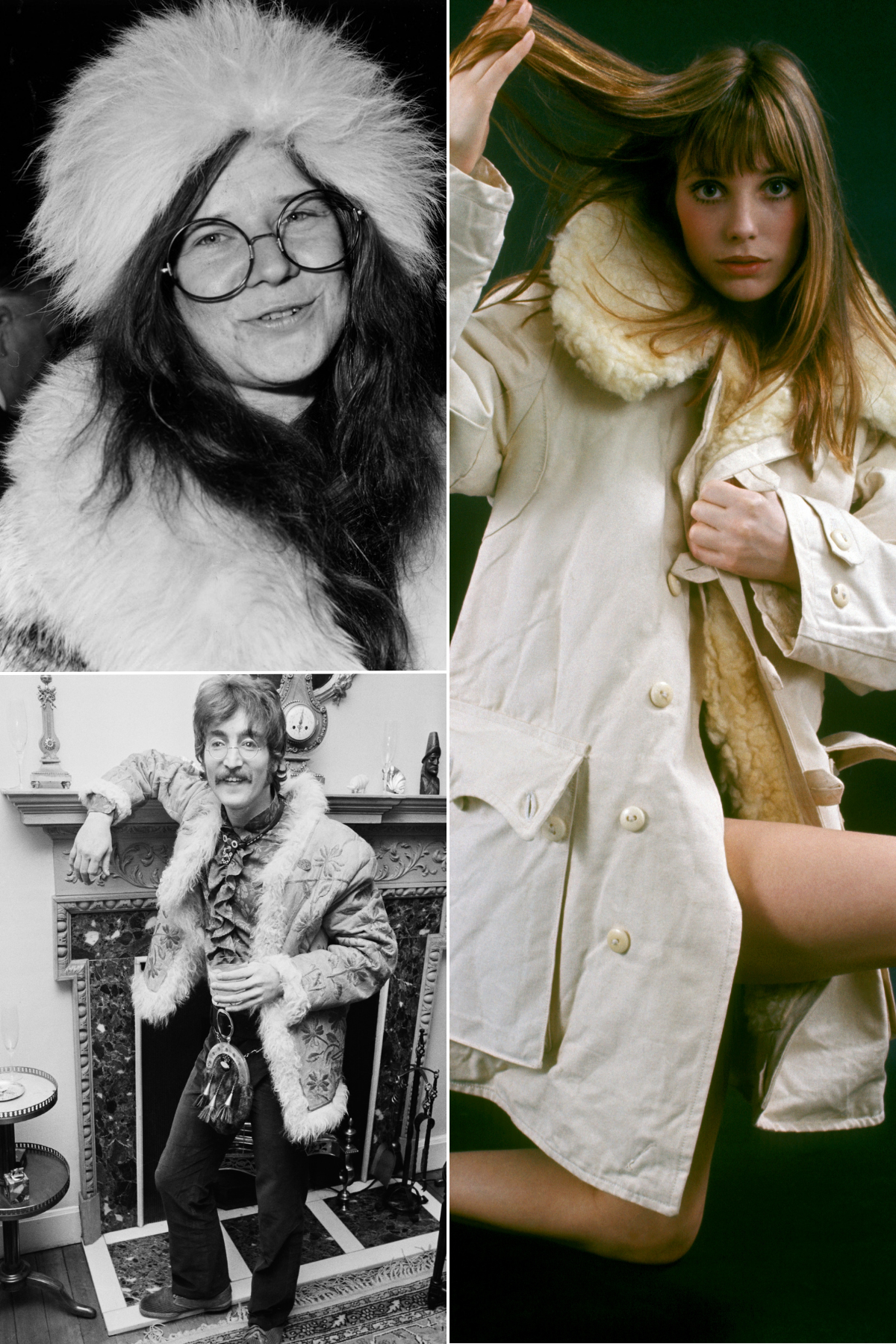 Penny lane coat trend 2026: Story image. David Bowe, Janis Joplin and Jane Birkin.