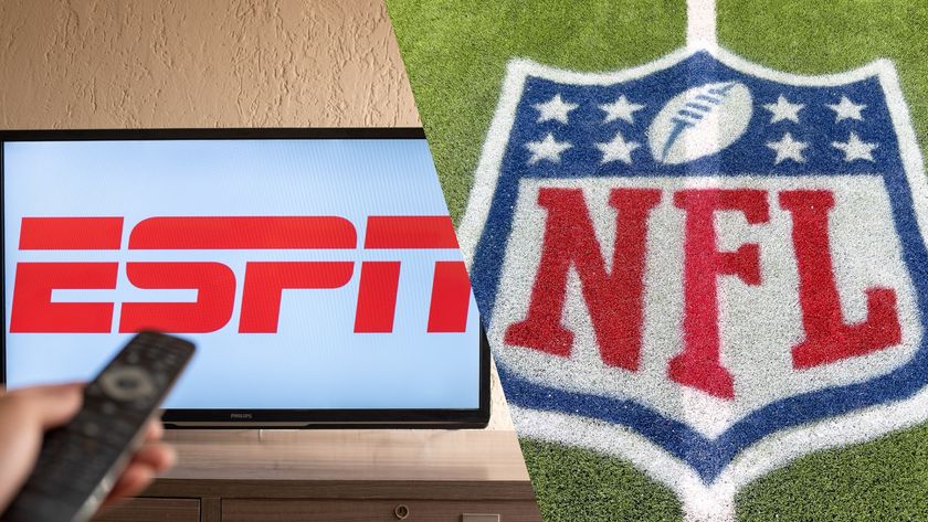 The ESPN logo on a TV next to the NFL logo on a football field