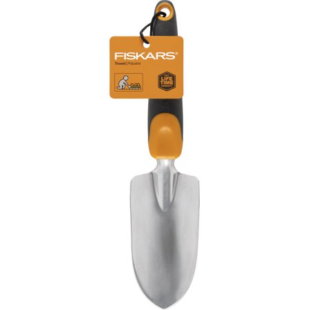 Fiskars 12.25" Cast Aluminum Head, Ergo Flower Bed Trowel, Includes Hang Hole, Black and Orange