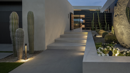 A front yard path with lighting