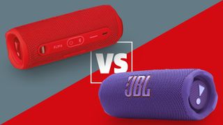 The JBL Flip 7 and Flip 6 on a grey and red background with a versus sign between them.