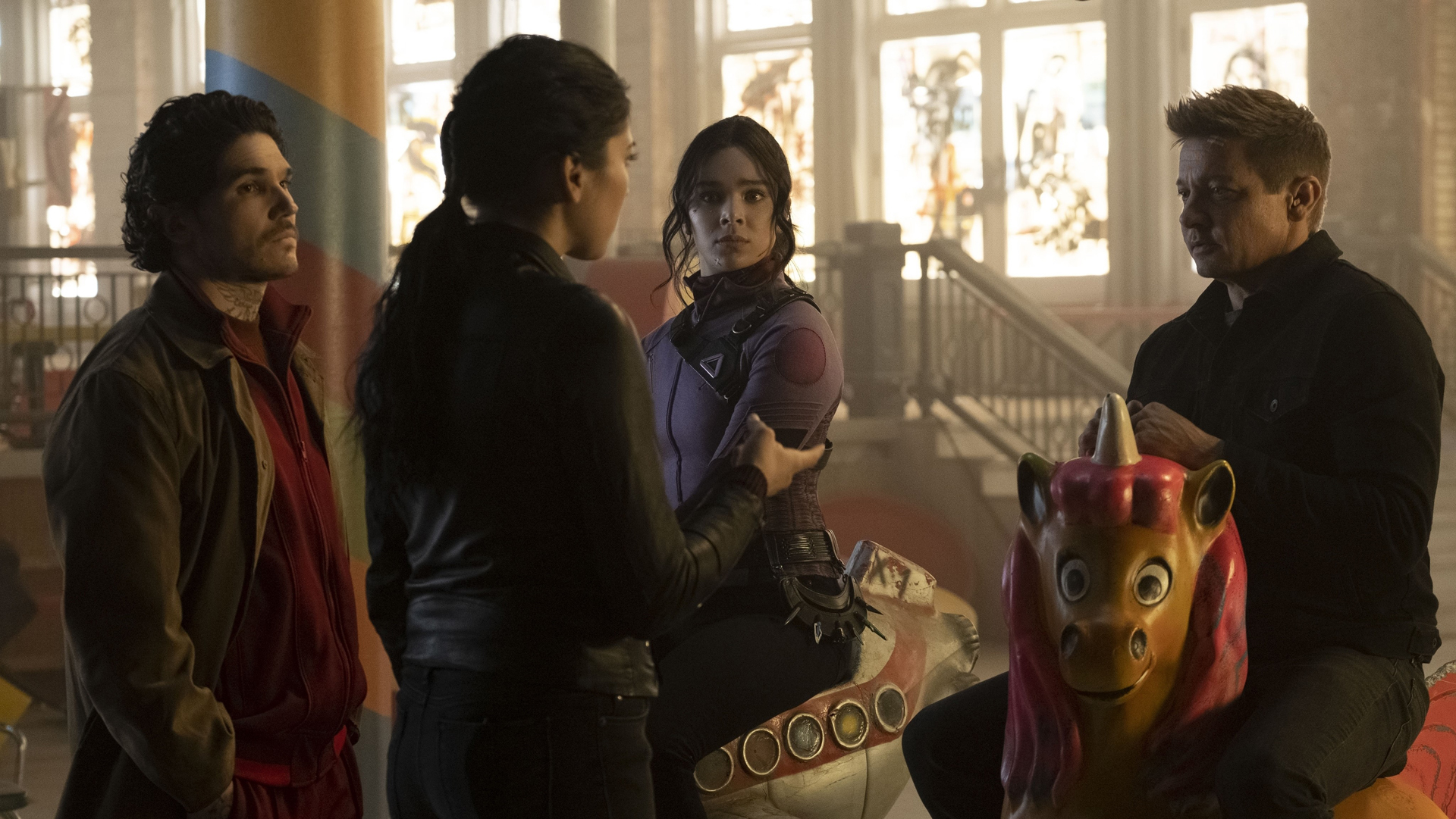 Maya Lopez interrogates Kate Bishop and Clint Barton in Hawkeye on Disney Plus