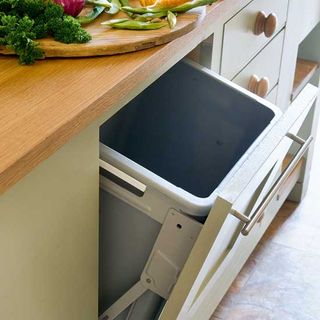 kitchen with vegetables on kitchen counter and integral bin