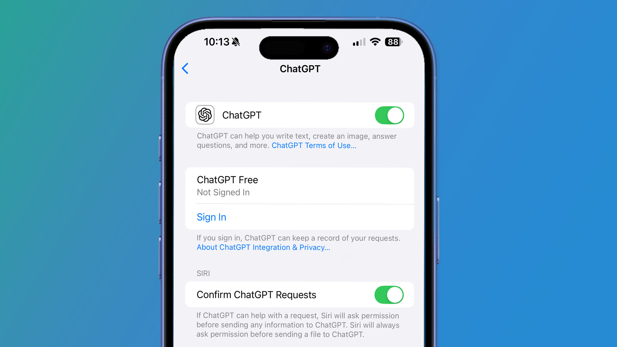 An iPhone on a green and blue background showing the ChatGPT menu in iOS 18.2