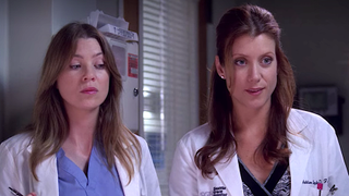 Meredith and Addison look at a patient.