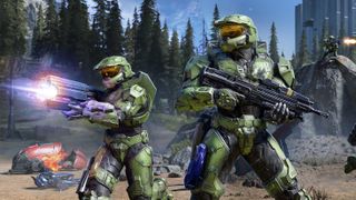 Two Spartans holding rifles in Halo Infinite