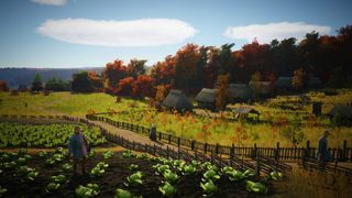 Manor Lords screenshot showing medieval-style farm fields featuring autumn-esque colouring