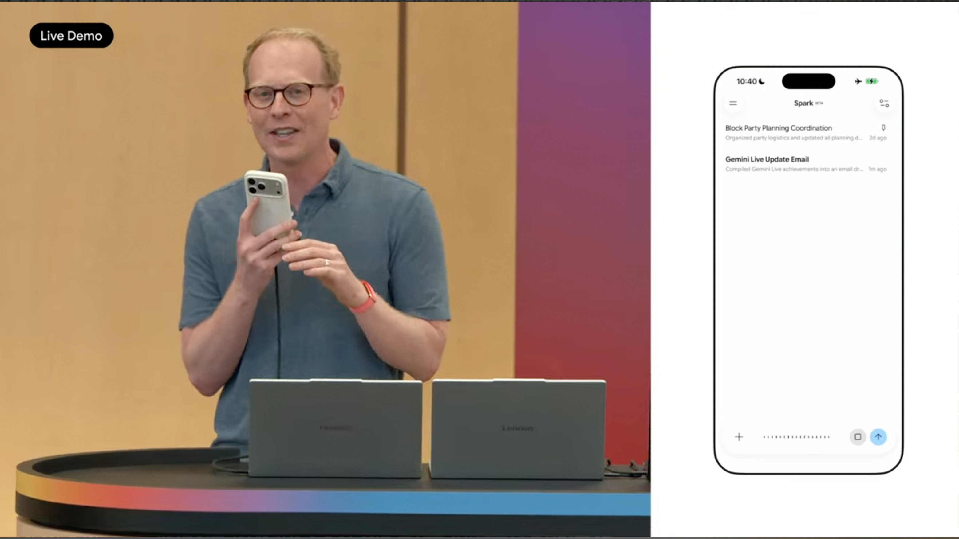 An iPhone 17 Pro Max on stage at Google I/O 2026