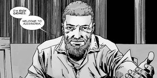 rick grimes welcoming others to alexandria walking dead comic book