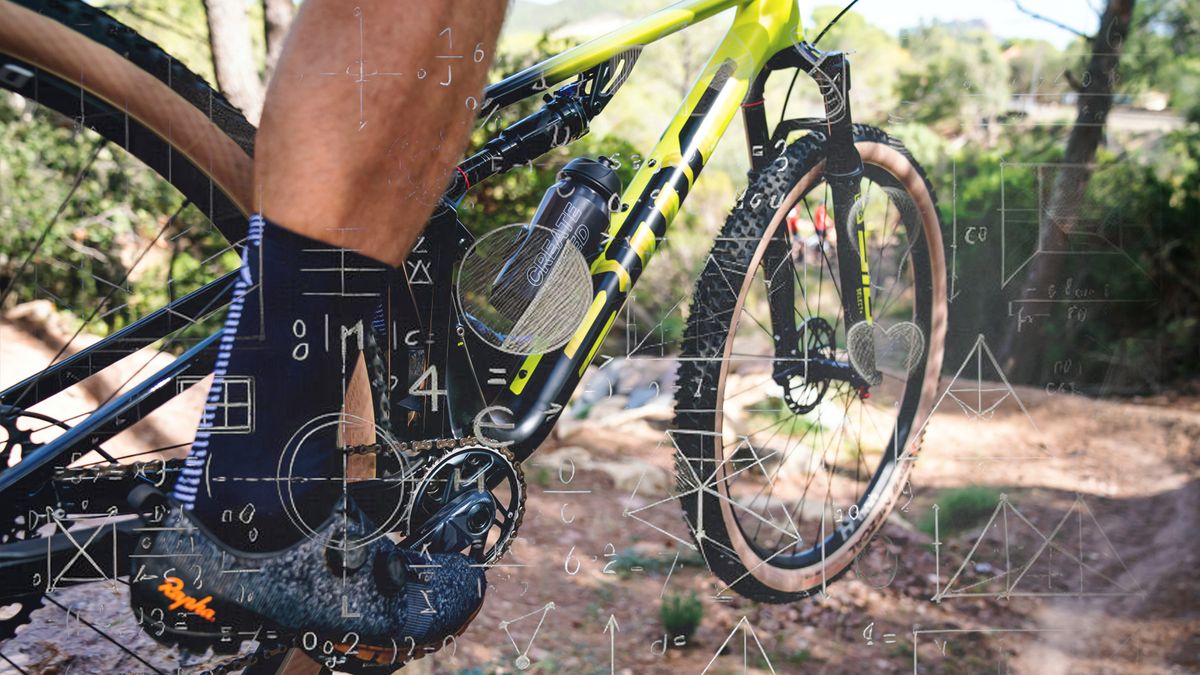 A close up of a mountain bike with geometry imagery overlaid