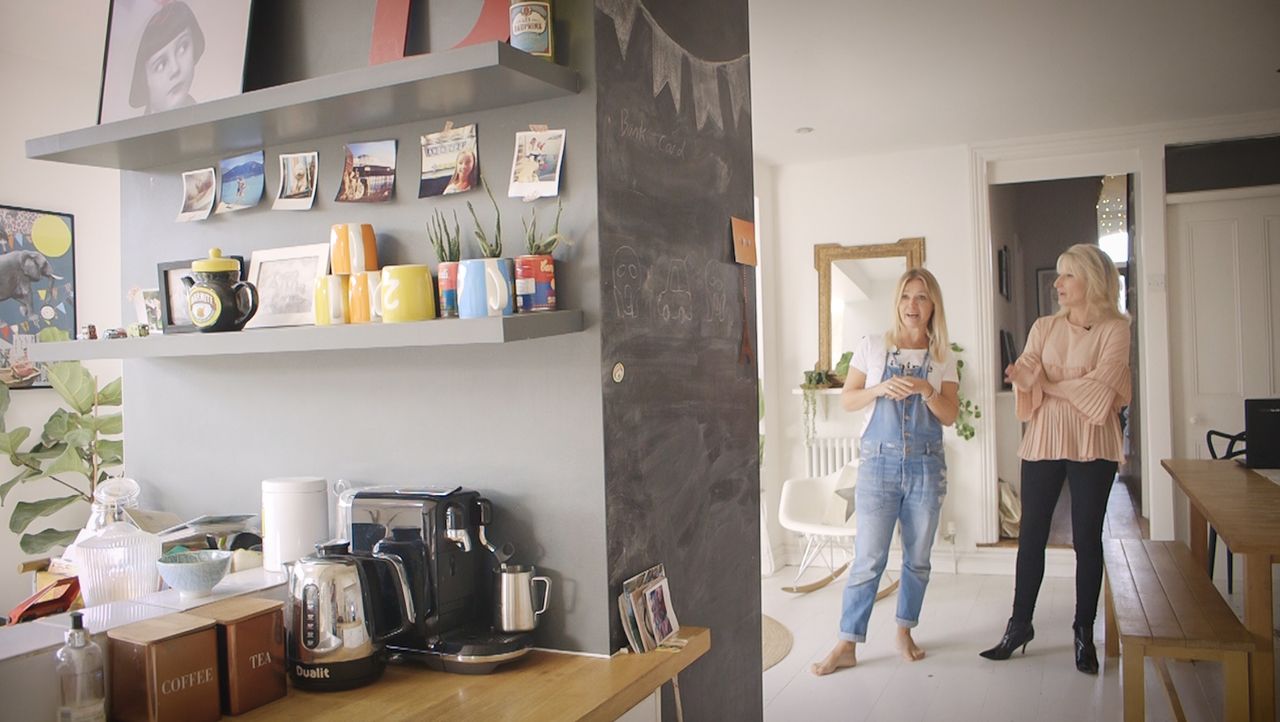 Dee Campling and Sian Astley in Dee&#039;s kitchen behind load-bearing wall