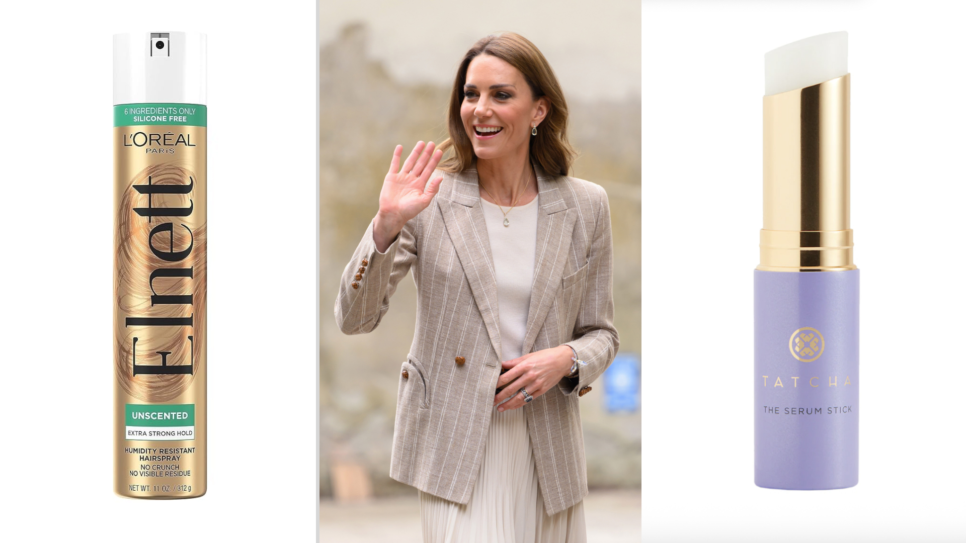 A three-split image of Elnett hairspray, Princess Kate waving and Tatcha serum stick